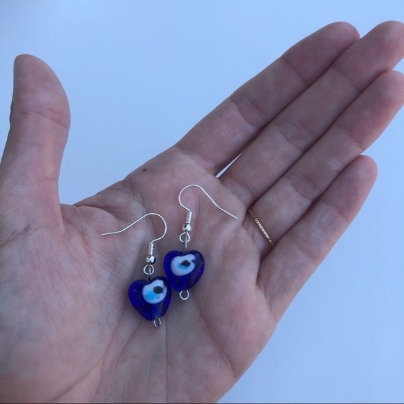 Wild Reiki Evil Eye Glass Heart Dangle Earrings - Picture 3 of 3